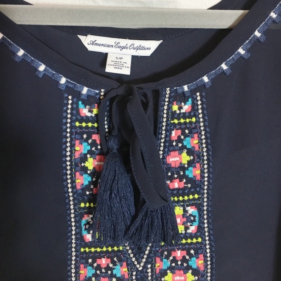 American Eagle Shear Navy Blue Peasant Blouse - Picture 2 of 5